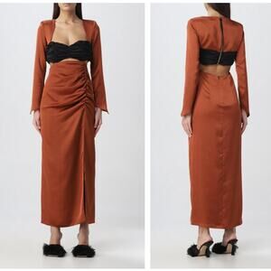 NINEMINUTES Marlene Maxi Dress Black Bronze Cutout Satin Sz 42/US 6 $544 {E23}